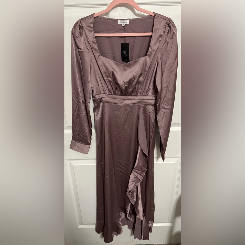 Lavender Ruffle Long Sleeve Slit Dress